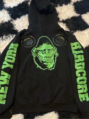 Black GORILLA BUSCUITS Hoodie with Neon Green and 'New York Hardcore' Sleeves
